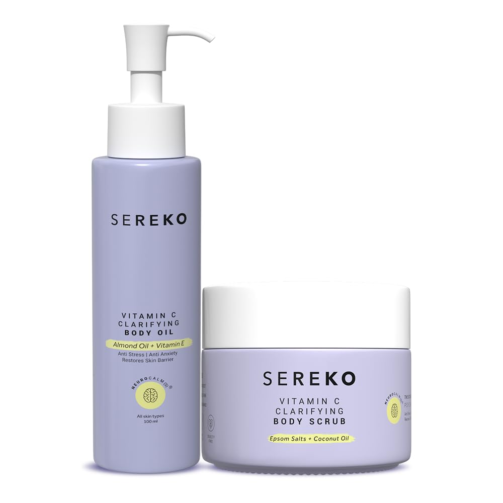 SEREKO Vitamin C Body Exfoliating Kit Clarifying Body Scrub 100 g, Clarifying Body Oil 100 ml, Exfoliator for all Skin Types, Natural, Cruelty free, Vegan, Clean Beauty for Gifting and Personal Use