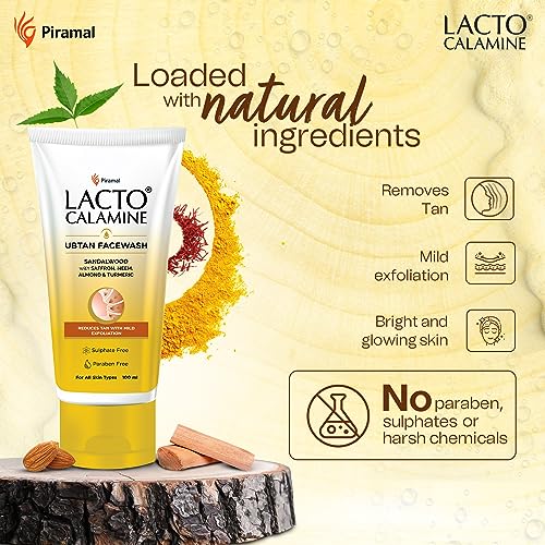Lacto Calamine Ubtan Face Wash for Glowing Skin | Natural Face Wash with Sandalwood, Saffron, Neem, Almond & Turmeric | Exfoliating Facewash reduces Tan | Sulphate, Paraben Free | 100 ml Pack of 1