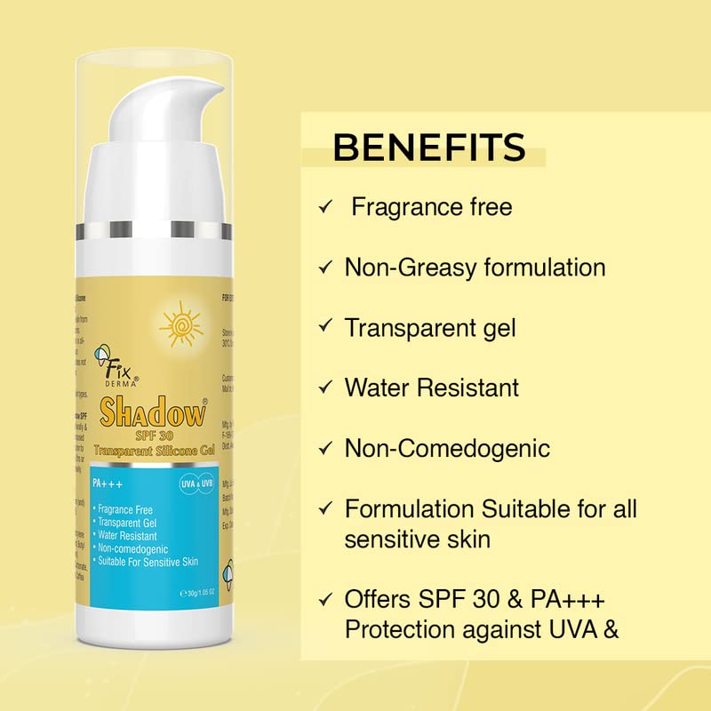 Fixderma Shadow Sunscreen SPF 30 PA+++ Transparent Silicone Gel | Moisturizer for Acne Prone Skin | Sun Screen Protector SPF 30 | Sunscreen for Body & Face | Broad Spectrum Sunscreen for UVA & UVB Protection | Sunscreen for Women & Men - 30gm