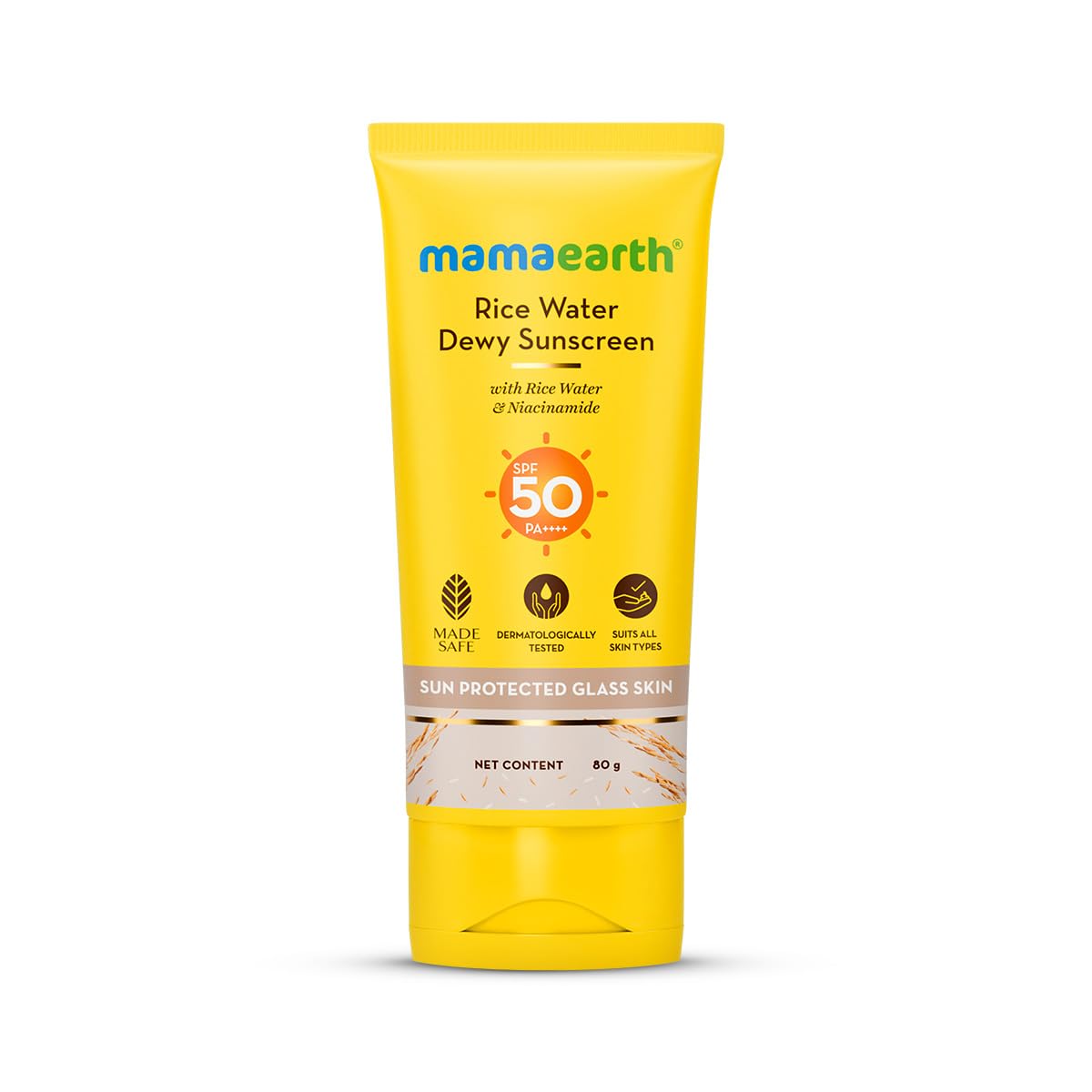 Mamaearth Rice Water Dewy Sunscreen with SPF 50 & PA++++ | UVA & UVB Protection | Tan Protection | Gives Glass Skin Glow | No White Cast | For All Skin Types | 80 g