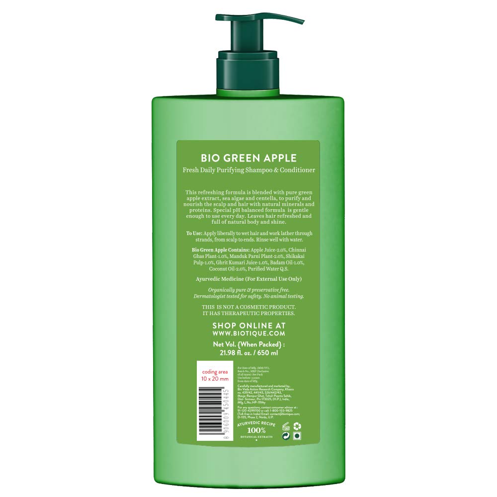 Biotique Bio Kelp Protein Shampoo for Falling Hair Intensive Hair Regrowth Treatment, 340ml And Biotique Bio Green Apple Fresh Daily Purifying Shampoo and Conditioner for Oily Scalp and Hair, 650m