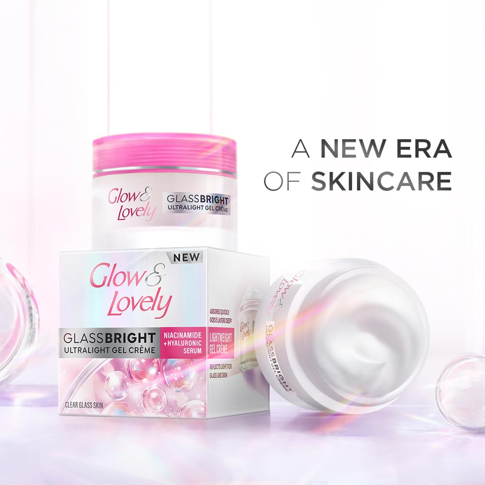 Glow and Lovely GlassBright Ultralight Gel Creme with Niacinamide, Hyaluronic serum|95% Clearer Glass Skin|Reduces Dark spots & Pigmentation|2X Radiance| Inspired by Korean beauty science |50g
