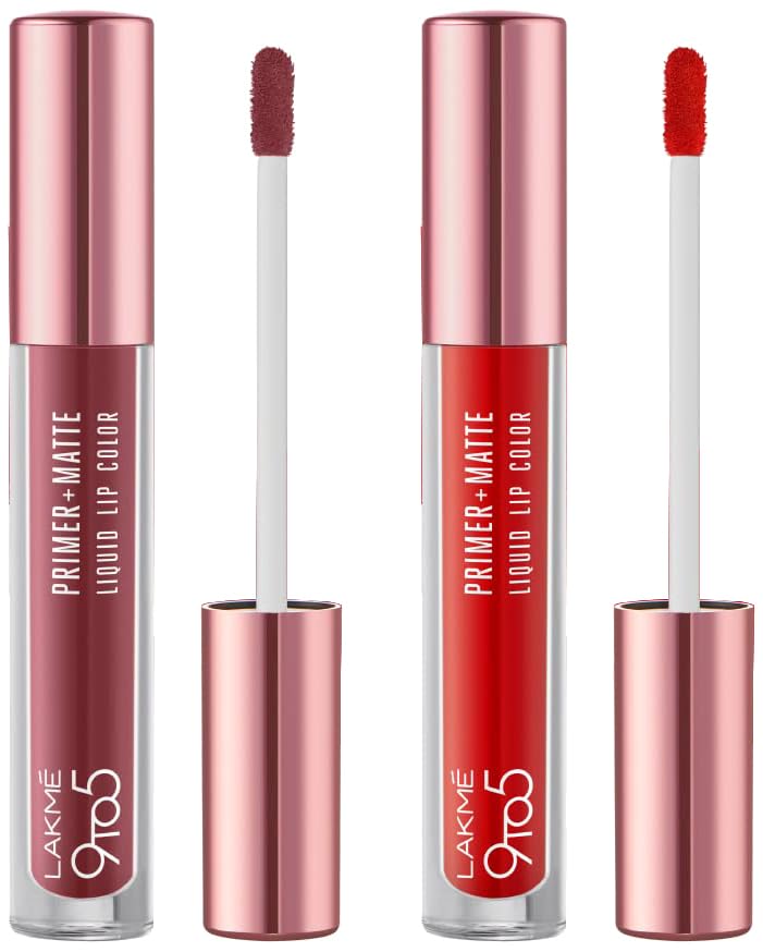 Lakmé 9to5 Primer + Matte Liquid Lip Color MB1 Hustling Nude & Lakmé 9to5 Primer + Matte Liquid Lip Color MR2 Driven Red