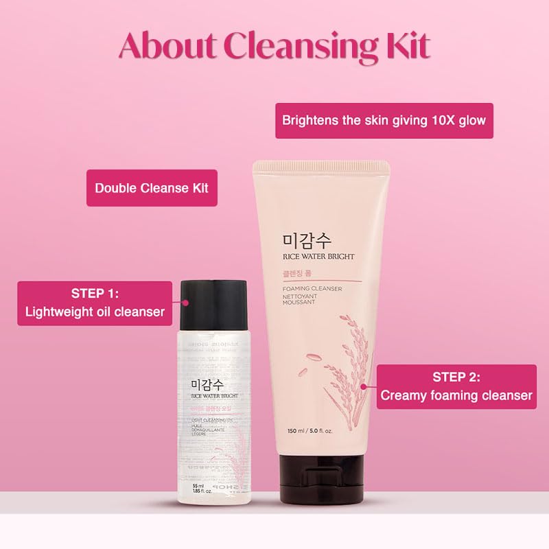 The Face Shop 2 Step Rice Water Bright Kit | Rice Water Bright Foaming Face Wash 100ml + Rice Water Bright Light Cleansing Oil 55ml