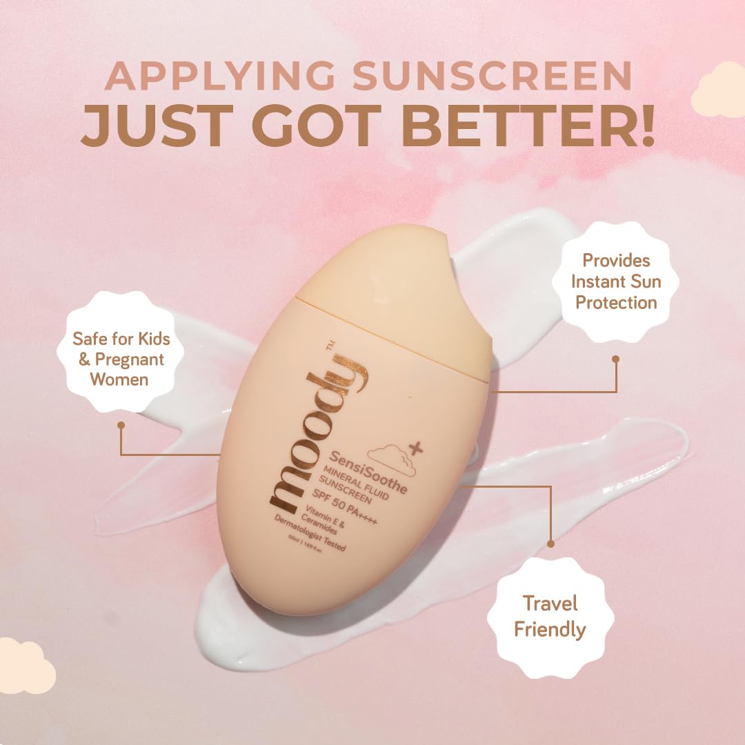 Moody SensiSoothe Mineral Brightening Sunscreen Serum With Ceramides & Rice | SPF 50 PA++++ for All Skin Types | No White Cast, Non-Comedogenic, Dermatologist Tested - 50ML