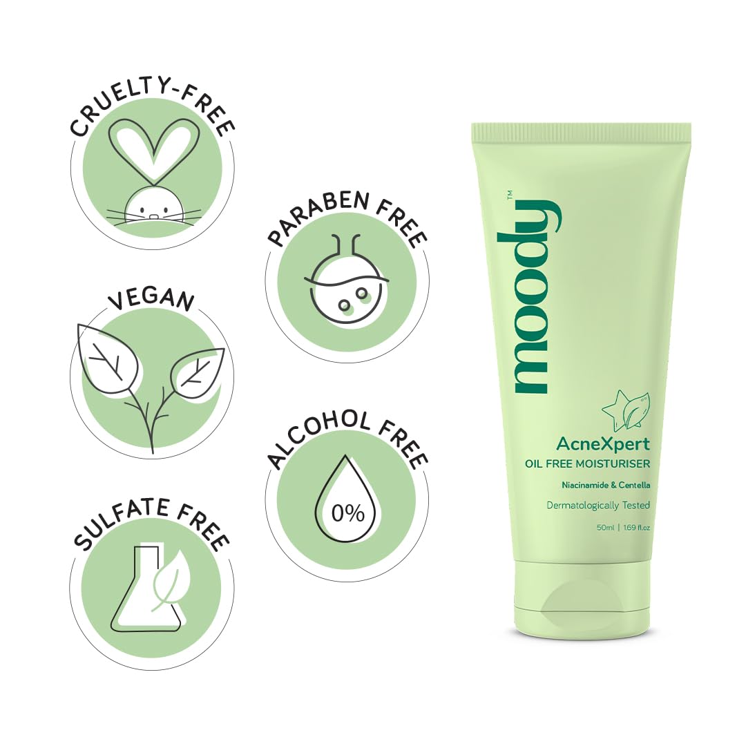 Moody AcneXpert Oil Free Moisturiser With Green Tea & Squalane | Reduces Blemishes, Excess Oil & Acne Marks For Radiant & Even Skin Tone | Non-Greasy & Light Weight Moisturizer For All Skin Type, 50ml