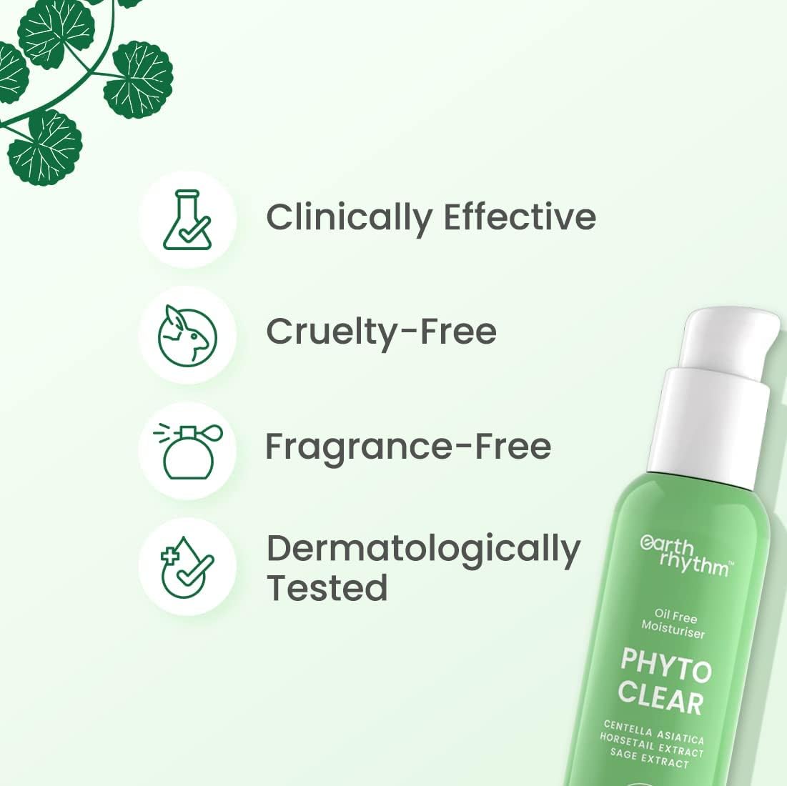 Earth Rhythm Phyto Clear Oil Free Moisturizer, Hydrates & Moisturize skin, for Acne & Redness with Centella Asiatica, Sage Extract, for Oily & Acne Prone Skin, Men & Women - 50ml