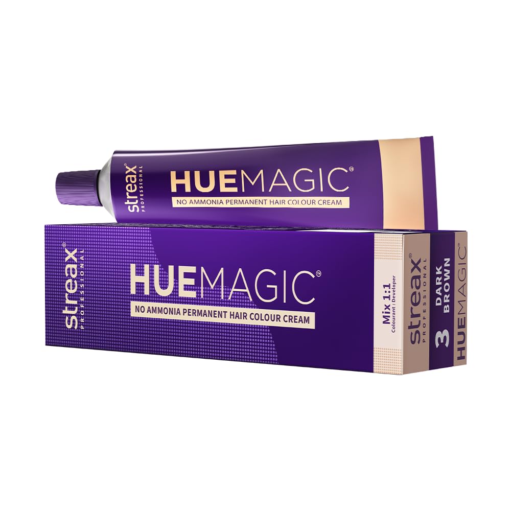 Streax Professional HueMagic Permanent Hair Colour Cream, 90gm |Brown Hair Colour, Dark Brown 3 | No Ammonia hair Color| For All Hair Types