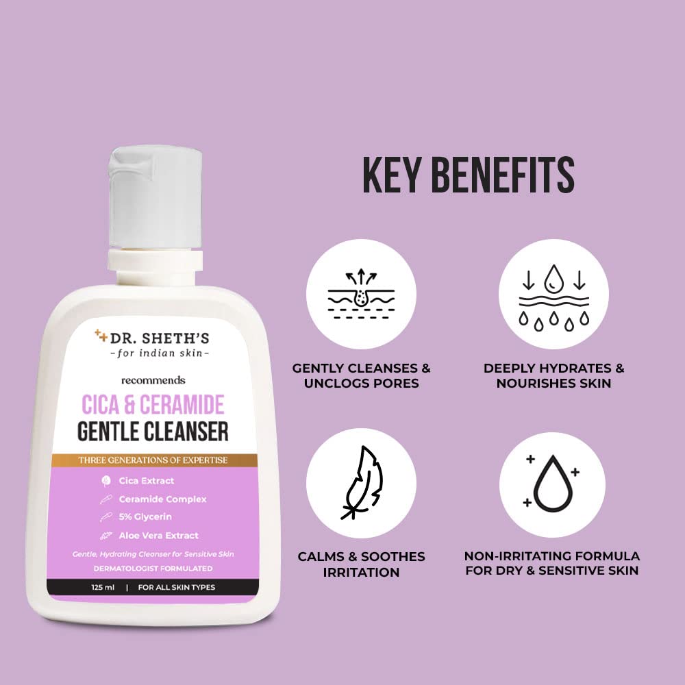 Dr. Sheth's Cica & Ceramide Gentle Cleanser|Hydrating Face Wash For Normal, Dry & Sensitive Skin|With 5% Glycerin & Aloe Vera|Face Wash For Men & Women|125Ml