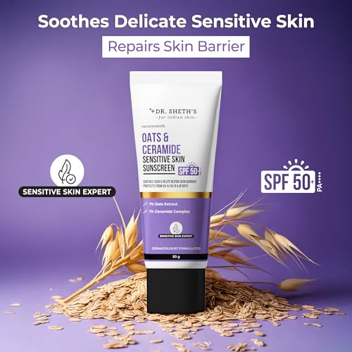 Dr. Sheth's Oats & Ceramide Sunscreen | SPF 50+ PA++++ | Oil-Free Sunscreen For Sensitive Skin | Lightweight & No White Cast | Strengthens Skin Barrier | Sun Protection From UVA/B/IR Rays | Men & Women | 50 g
