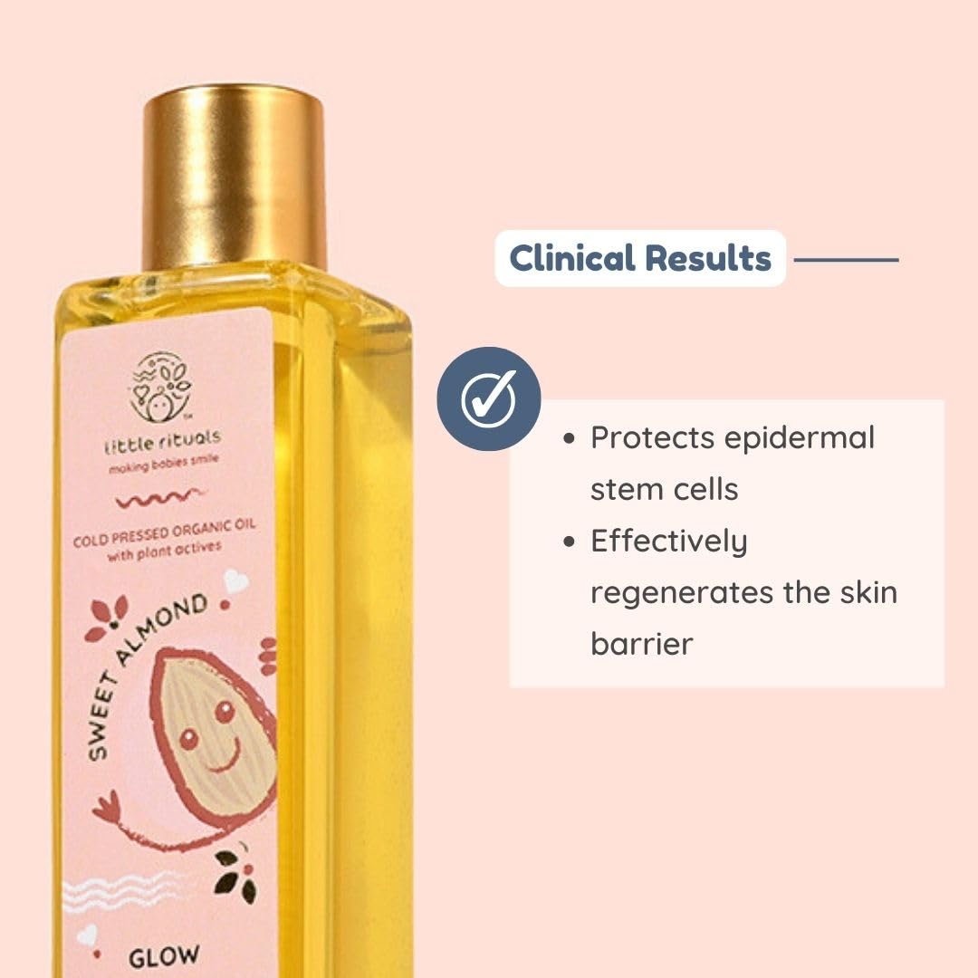 Little Rituals SWEET ALMOND (BADAM OIL) Baby Massage Oil and Hair oil, Cold Pressed and Certified ORGANIC with SWISS Plant Actives. Dermatologist Tested by Pediatrics, Mild & Gentle & Safe (100 ML)