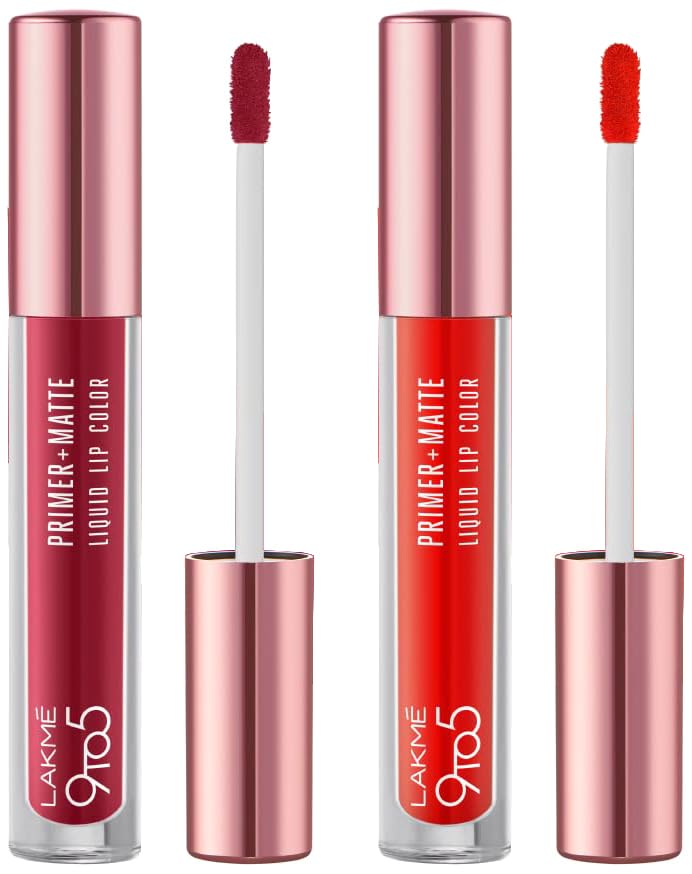 Lakmé 9to5 Primer + Matte Liquid Lip Color MP3 Dusty Rose & Lakmé 9to5 Primer + Matte Liquid Lip Color MO1 Confident Coral