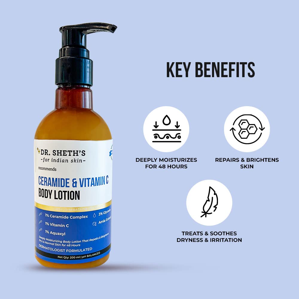 Dr. Sheth's Ceramide & Vitamin C Body Lotion | Deeply Moisturizing Body Lotion That Repairs & Brightens Skin | 200 ml