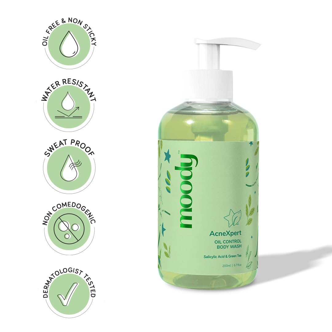 Moody AcneXpert 2% Salicylic Acid%, 5% Niacinamide & Green Tea Body Wash | Prevents Body Acne & Deeply Cleanses skin | Paraben & Sulphate free | Suitable for all skin types | Body Shower Gel 200ml