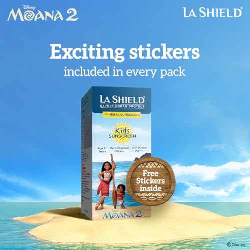 La Shield Disney Moana 2 Kids Sunscreen SPF 50 PA+++ | Free sticker set of 9 | 100% Mineral Sunscreen | For kids above 2 years age |Enriched with Vitamin E | 4 hour water resistant | Fragrance free| 50gm