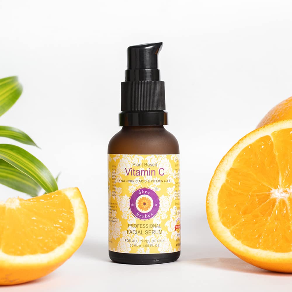 Deve Herbes Plant Based Vitamin C Face Serum with Hyaluronic Acid, Vitamin A & E for Personal Care 30ml with Free Pure Vitamin E Oil 10ml