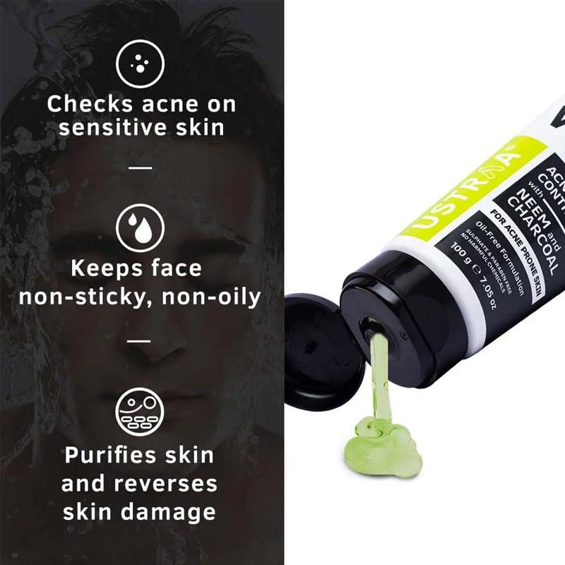Ustraa Face Wash Acne Control - With Neem & Charcoal - 100g - Oil control, Prevents Acne & 20% Vitamin C Face Serum - 30ml | 20% Vitamin C in Pure form | with Hyaluronic Acid | Anti-Aging, Brightening