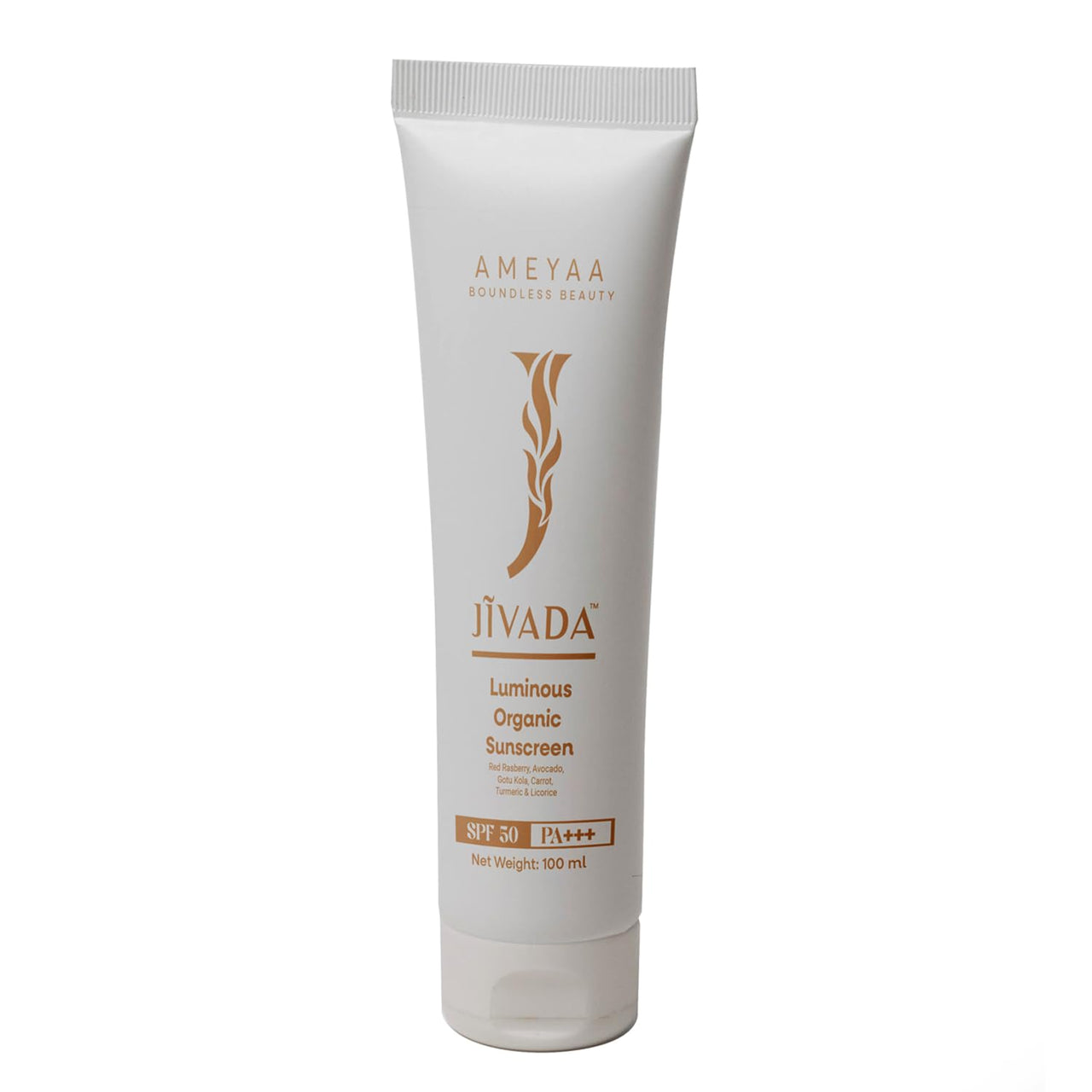 Jivada Luminous Organic Sunscreen with SPF 50+ PA+++ for UV A, UV B | HA, Ceramide, Red Raspberry & Gotu Kola | No White Cast|Carrot & Licorice |All Skin Types | Sulphate & Paraben Free | 100ml