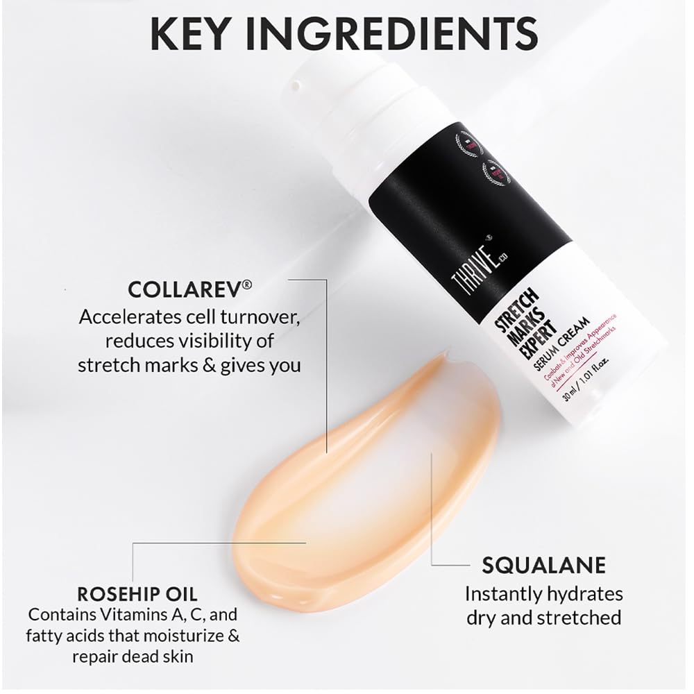 ThriveCo Stretch Marks Expert Serum Cream | For New (red) & Old (white) Stretch Marks Removal & Skin Hydration | Powered by Striover™, Rosehip Oil & Squalane | For Men & Women | 30ml