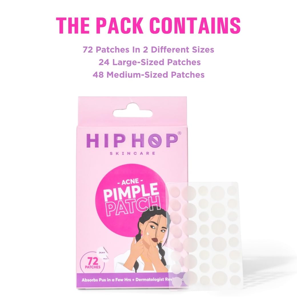 HipHop Skincare Acne Patch 72 Count - with Hydrocolloid | Absorbs Pus, Flattens Pimples | Quick-Acting, Waterproof & Transparent | For Men & Women, All Skin Types