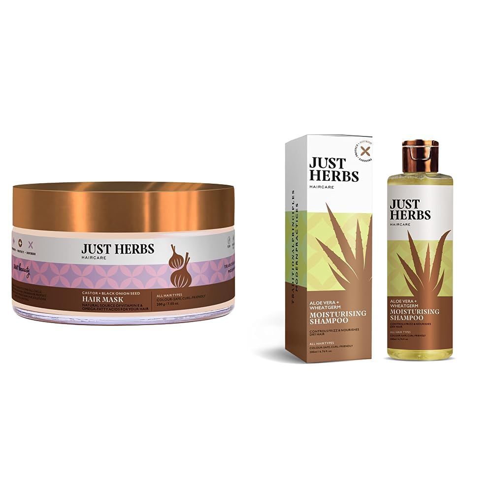 Just Herbs Anti Hairfall Natural Aloe Vera All Hair Mask With Castor & Black Onion Seed- 200Gm & Ayurvedic Silky Strength Anti Dandruff & Hairfall Shampoo 200 Ml Combo,2 Count