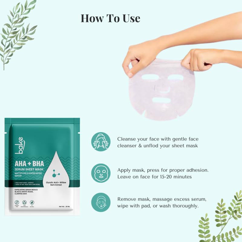 BAKE AHA BHA Sheet Mask for Glowing Skin, Pigmentation, Dark Spots & Tan Removal | Reduces Acne, Acne Scars & Dark Spots | For Men & Women | 20ml