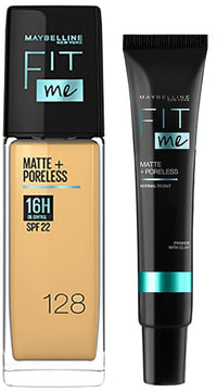 Maybelline New York Liquid Medium Coverage Foundation And Maybelline New York Fit Me Matte,Normal To Oily Skin, 128 Warm Nude + Poreless Primer,2 Count,Assorted
