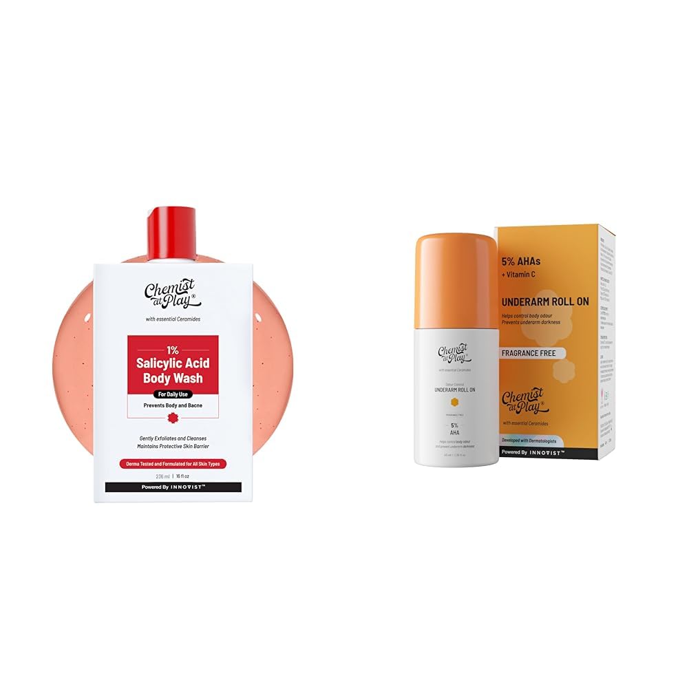Chemist At Play 1% Salicylic Acid Body Wash 236ml Prevents Body Acne, Bumpy Skin & Deep Cleanses Skin + UnderArm Roll-On with 5% AHA, Lactic Acid & 1% Mandelic Acid Vegan | SLS Free | 40ml