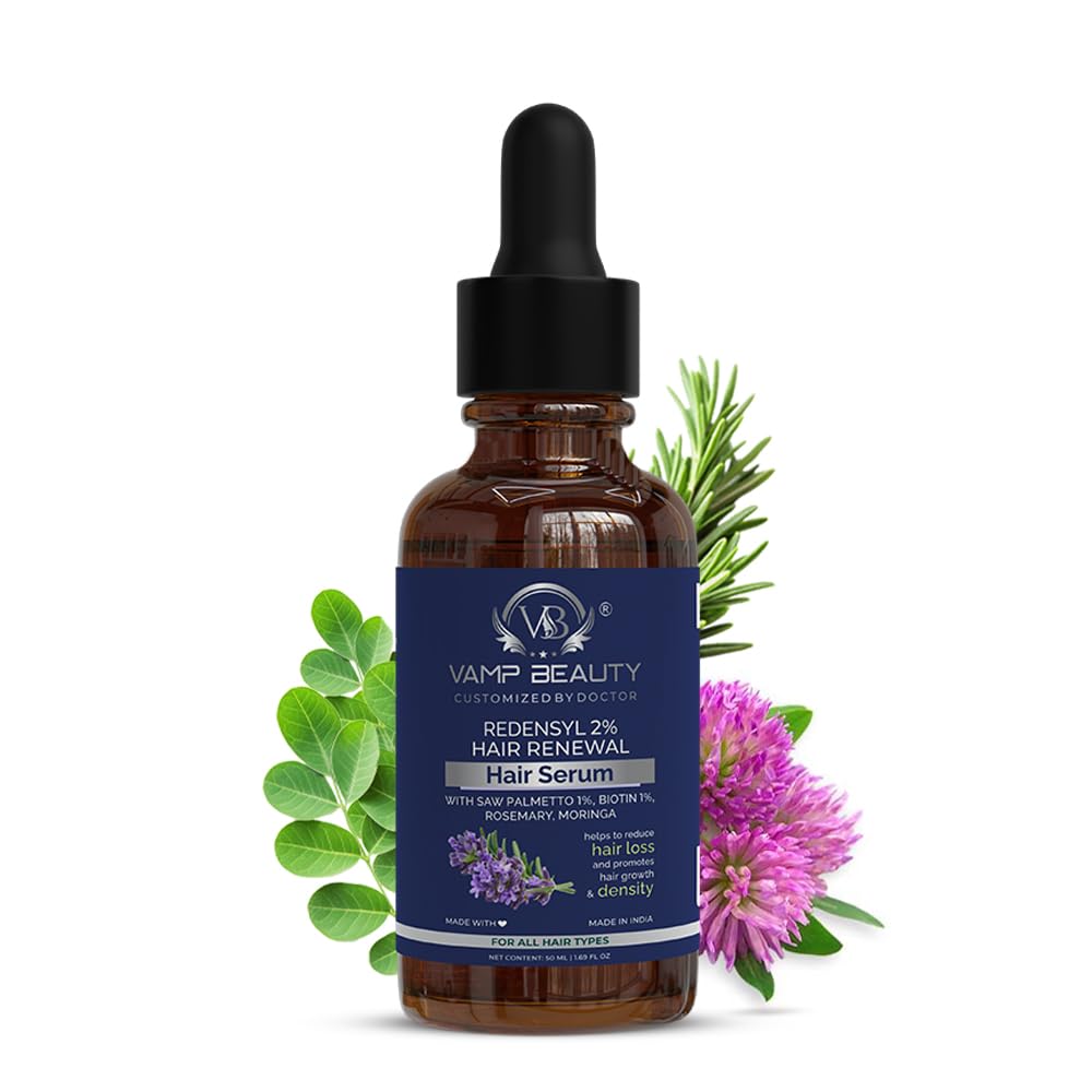 Vamp Beauty Redensyl 2% Hair Growth Serum | With Biotin, Rosemary & Moringa | Reduces Hair Fall, Boosts Regrowth | Non-Sticky, Water-Based | For Men & Women | 50ml