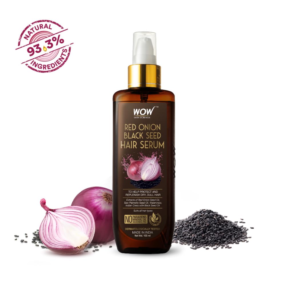 WOW Skin Science Red Onion Black Seed Hair Serum - with Red Onion Seed Oil Extract, Watercress - NON STICKY - for Frizz Control & Replenishing Dry, Dull Hair - No Parabens, Silicones & PEG - 100mL