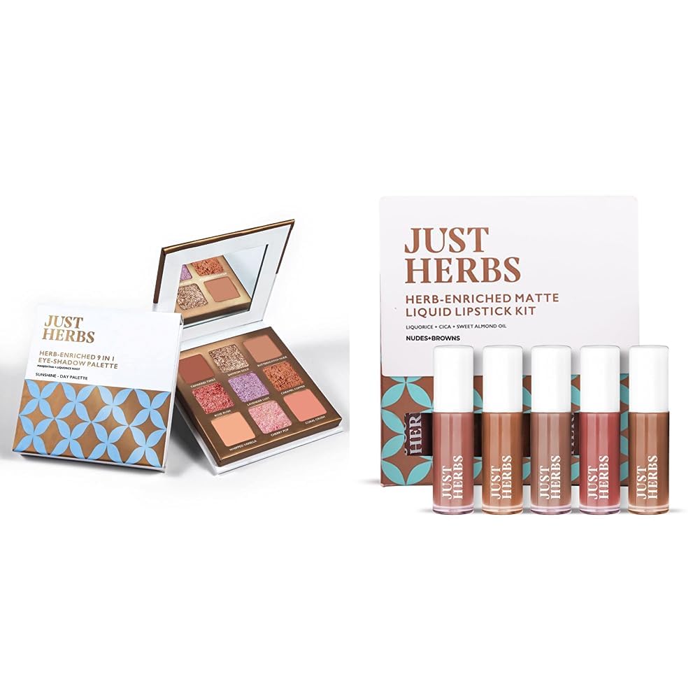 Just Herbs Eyeshadow Palette 9 In 1 Long Lasting Blendable Eye Makeup Palette (Sunshine - Day Palette) Ayurvedic Liquid Lipstick Kit Set Of 5-Paraben&Silicon Free Combo,Multicolor,Matte Finish