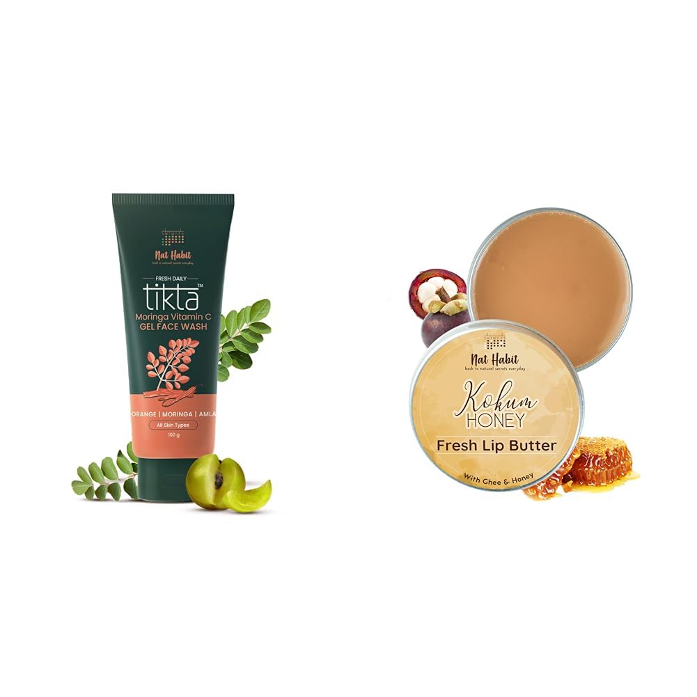 Nat Habit Face Wash Combo Moringa Vit C Facewash 100g and Kokum Honey Lip Butter - Lip Balm 10g For Pimple, Oily Skin & Lip Care