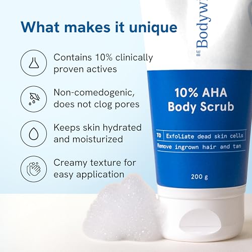 Be Bodywise 10% Lactic AHA Exfoliating Body Scrub For Tan Removal & Soft-Smooth Skin | For Women | De-Tan Bathing Scrub with Centella Water & Aloe Vera, Removes Dirt & Dead Skin from Neck, Knees, Elbows & Arms