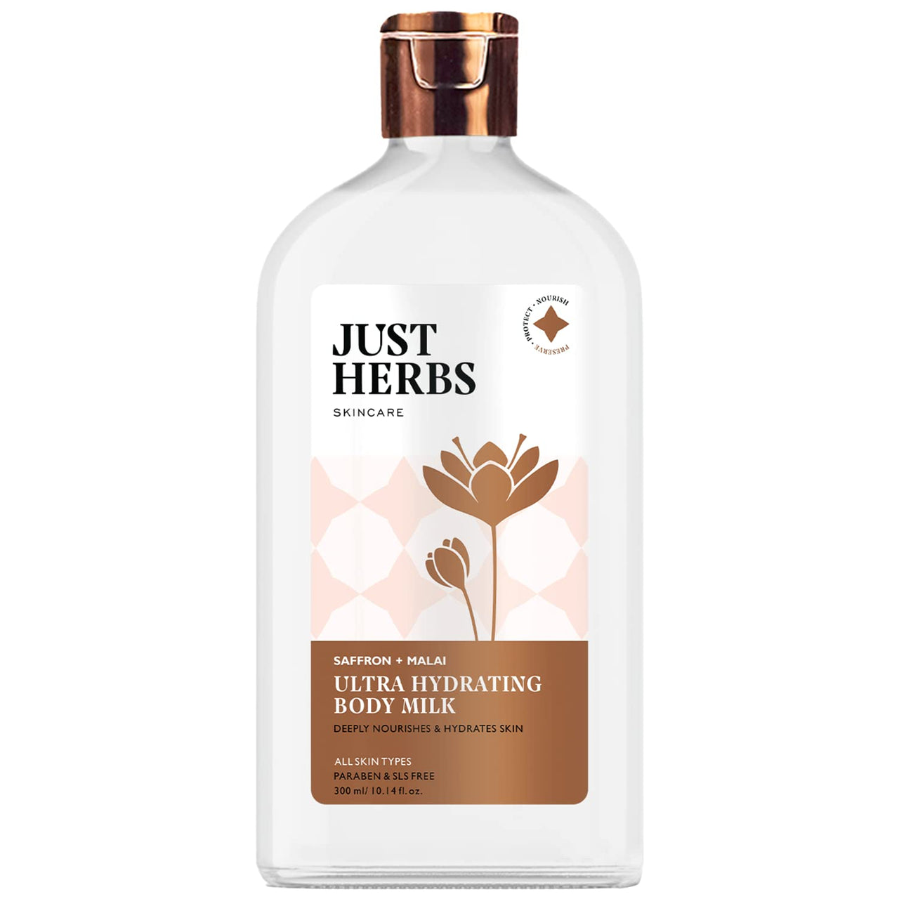 Just Herbs Saffron + Malai Nourishing Body Milk Lotion- 300ml & Just Herbs Body Lotion For Dry Normal & Combination Skin Nourishing Body Milk With Coconut + Almond - 300ml Combo