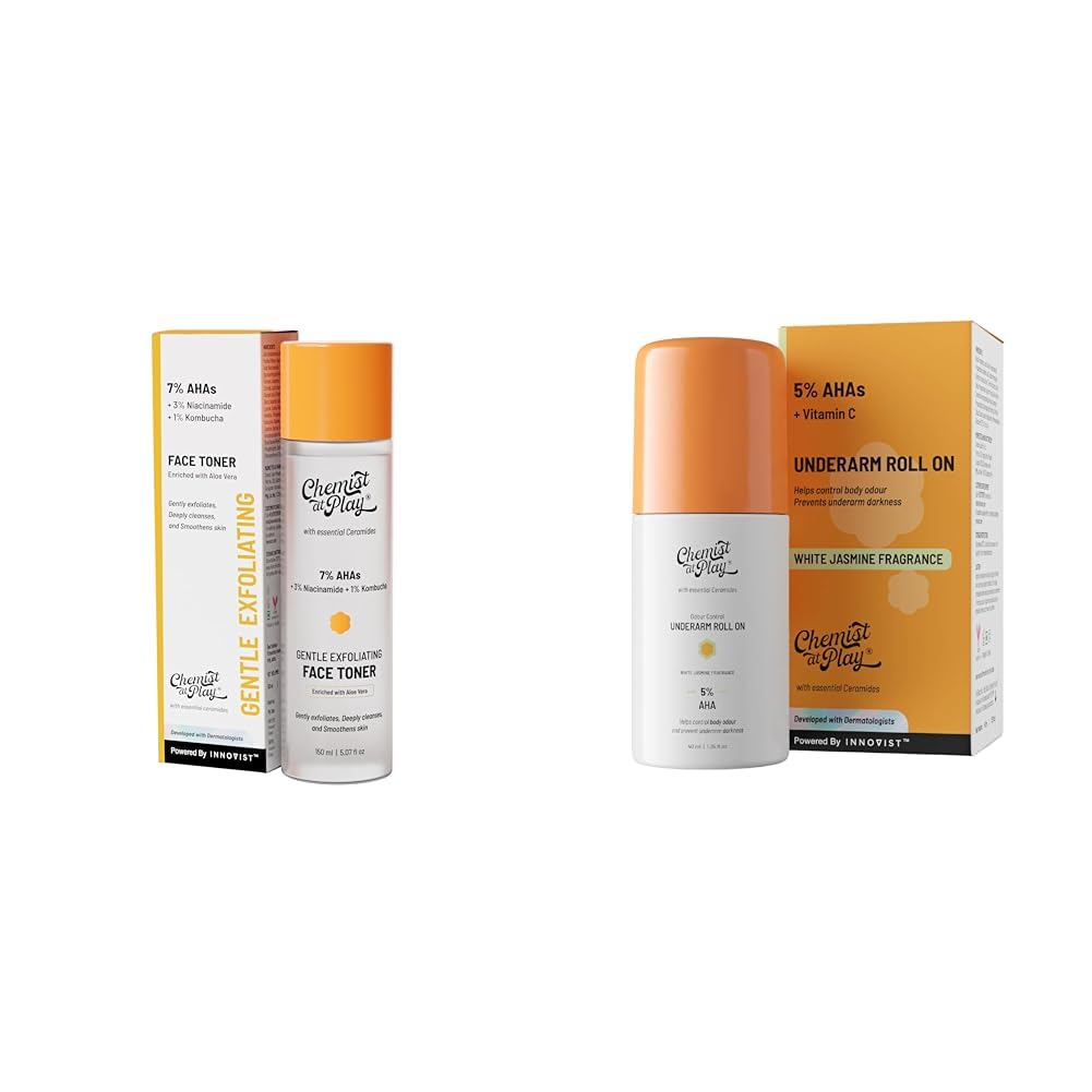 Chemist At Play Glycolic Acid Face Toner for Gentle Exfoliation & Skin Hydration| 150ml + UnderArm Roll-On Deodorant with 5% AHA, Lactic Acid & 1% Mandelic Acid Vegan | SLS Free | 40ml