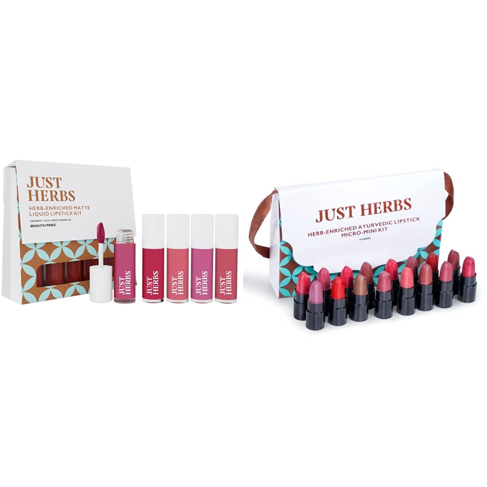 Just Herbs Ayurvedic Liquid Lipstick Kit Set of 5 with Hydrating & Lightweight Lip Colours (Brights & Pinks) & Just Herbs Ayurvedic Creamy Matte Lipstick Set38gm (Pack of 16)
