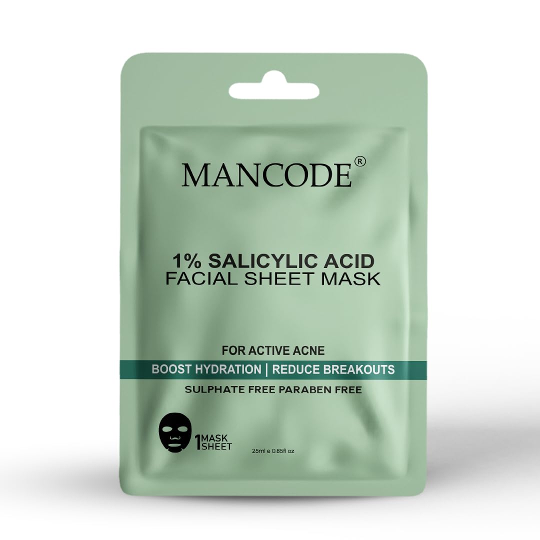 Mancode 1% Salicylic Acid Facial Sheet Mask 25ml Boost Hydration Reduce Breakouts & Active Acne Pore Reducing, Brightening & Enhances Glow Korean Sheet Mask for Men Women | Unisex Sheet Mask Set 25ml
