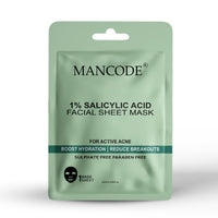 Mancode 1% Salicylic Acid Facial Sheet Mask 25ml Boost Hydration Reduce Breakouts & Active Acne Pore Reducing, Brightening & Enhances Glow Korean Sheet Mask for Men Women | Unisex Sheet Mask Set 25ml