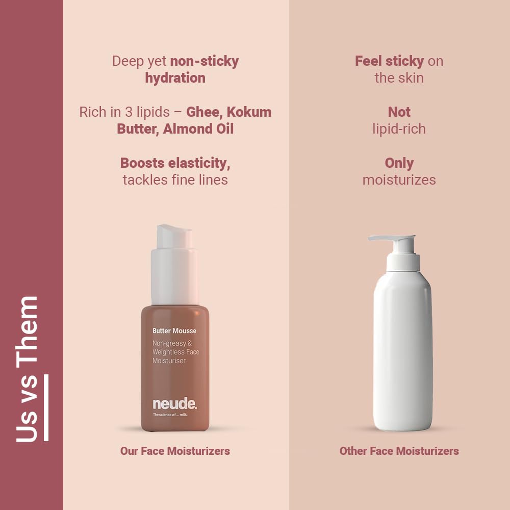 Neude Butter Mousse 50ml Ghee Face Moisturizer Cream for Men & Women with Molecular Ghee Kokum Butter & Almond Oil 24h Hydration Weightless Antioxidant-Rich Deep Moisturizer for Dry & All Skin Types