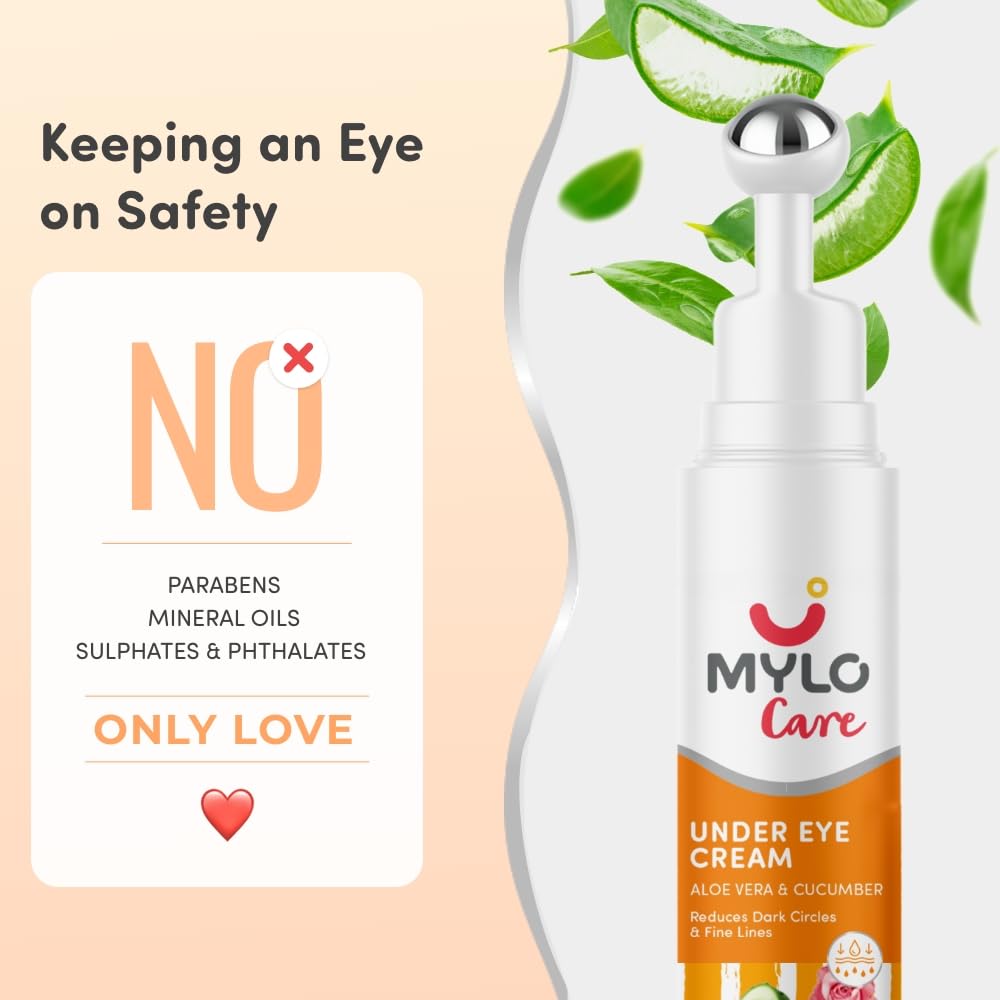 Mylo Care Under Eye Cream with Under Eye Roll-on with Easy to Apply Applicator, Relieves Puffiness & Fine Lines with Coffee, Aloe & Hyaluronic Acid Hydrates Under Eye Skin 15 gm