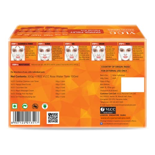 VLCC Papaya Fruit Facial Kit with FREE Rose Water Toner - 300g + 100ml | Glowing, Blemish Free Skin | With Papaya, Cucumber, Peach & Orange Peel Extracts | Glowing at Home Facial Kit.