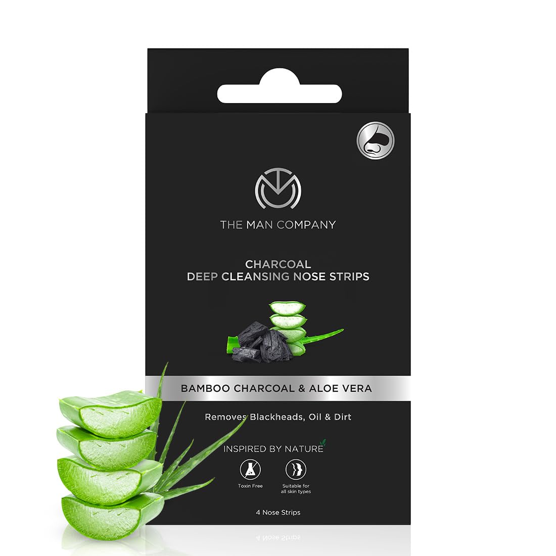 The Man Company Charcoal Nose Strips with Aloevera Extract | Whitehead & Blackhead Remover | Pores Cleanser | Dirt Free | Improves Skin Texture - 4 Strips
