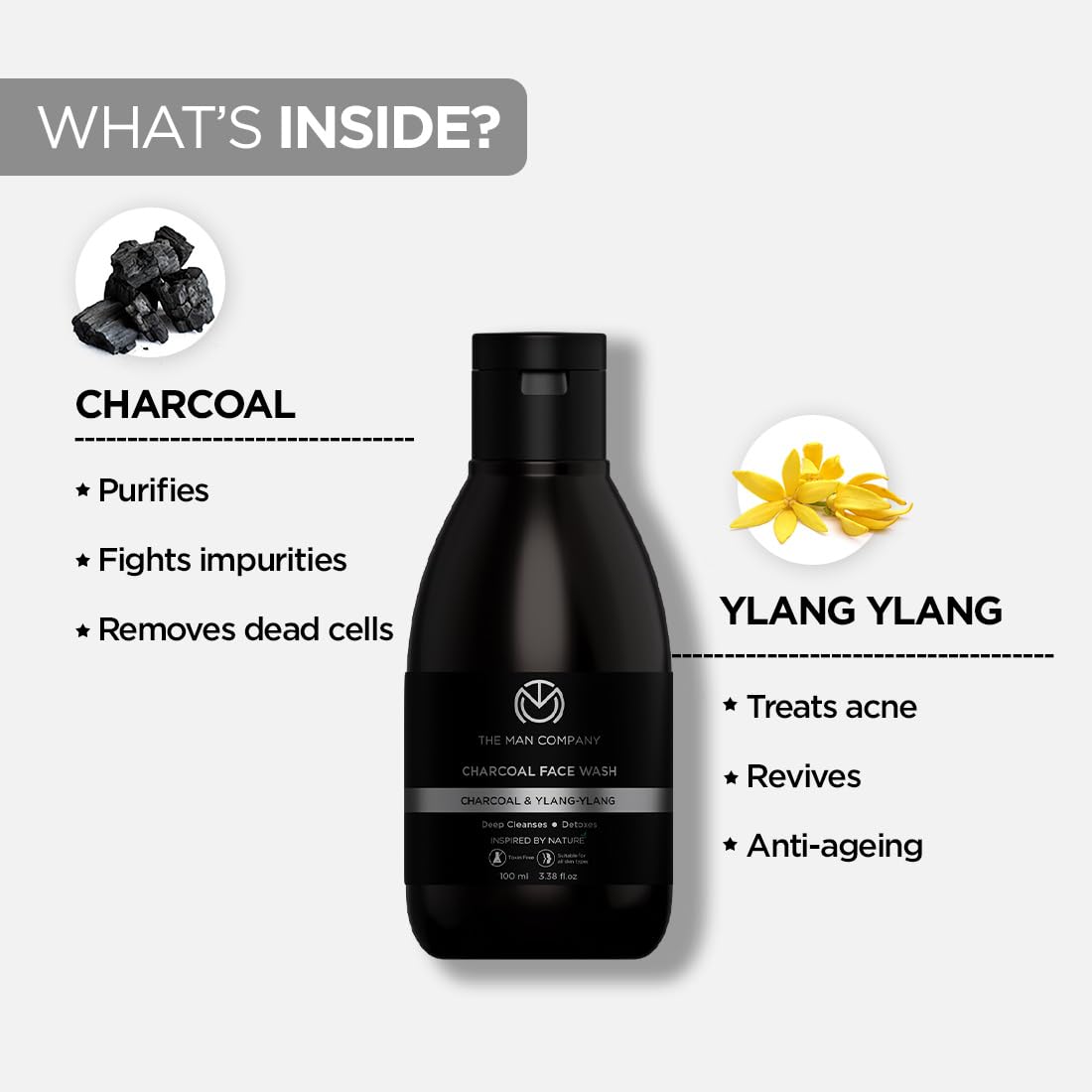 The Man Company Activated Charcoal Face Wash for Men - 100ml | Exfoliating & Brightening Face Wash | Enriched with Ylang Ylang & Argan Essential Oils | Anti Pollution, Acne Oil Control | Deep Cleansing | Blackheads Removal