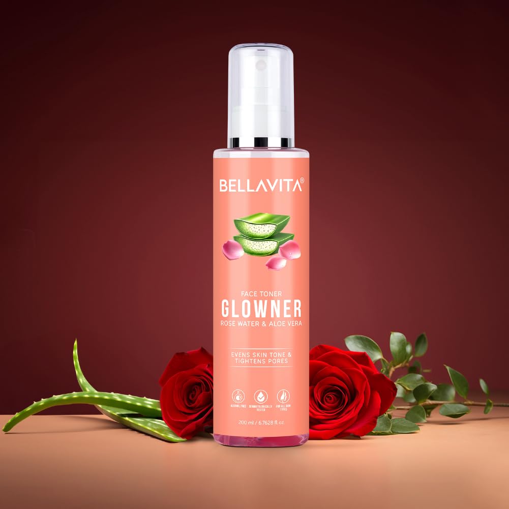 Bella Vita Organic Glowner Face Toner, Alcohol free, Rose Water 200ml Pore Minimizing Tightening Natural Toner Spray for Glowing Skin - All Skin Types