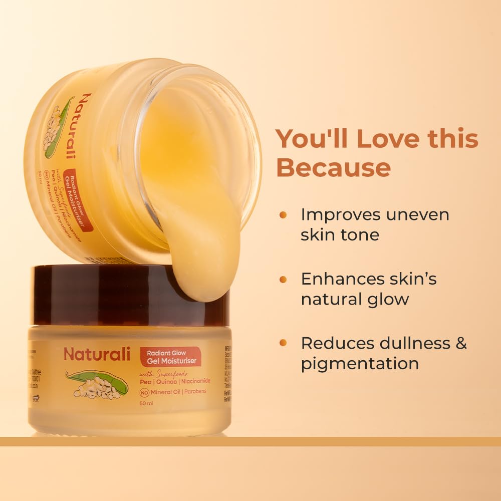 Naturali Radiant Glow Gel Moisturiser | With Superfoods Pea, Quinoa & Niacinamide | Promotes Skin Glow | Improves Even Skin Tone | Paraben-free | For All Skin Types | Best Glow Moisturiser | 50ml