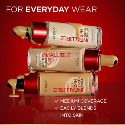 L’Oréal Paris Infallible 24H Tinted Serum Foundation, Light-weight Coverage, Dewy & Radiant Finish, Transfer-proof, 30ml