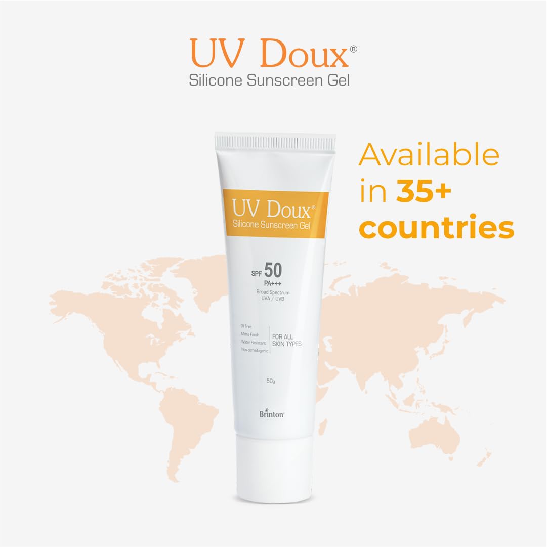 Brinton UV Doux Silicone Sunscreen Gel with SPF 50&PA+++ Broad Spectrum for Face & Body with No White Cast|Non Comedogenic,Paraben Free,Water Resistant|Clinically Proven & Dermatologist Approved,50gm