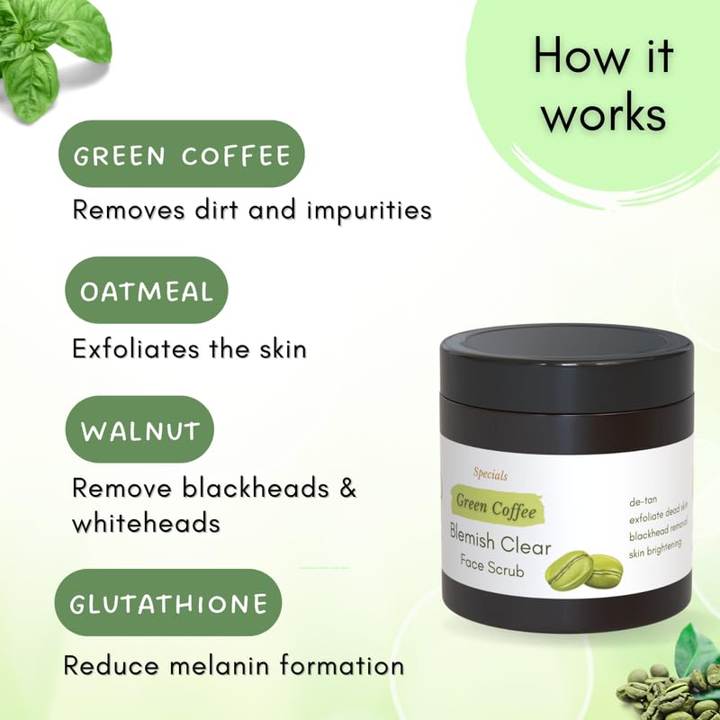 Mystiq Living Face Scrub for Men and Women | Green Coffee Blemish Clear Scrub - 100 GM | Exfoliating Scrub, Dark Spot Removal, Pigmentation, Skin Brightening | Tan Removal Coffee Scrub