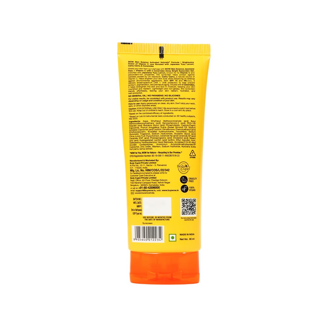 WOW Skin Science Japanese Yuzu + Vitamin C with 5 Ceramides Dewy Bright Sunscreen Gel | SPF 70 PA++++ 500x Vitamin C | Quick Absorption | No White Cast | Water Resistant | UVA + UVB Protection | 80ml