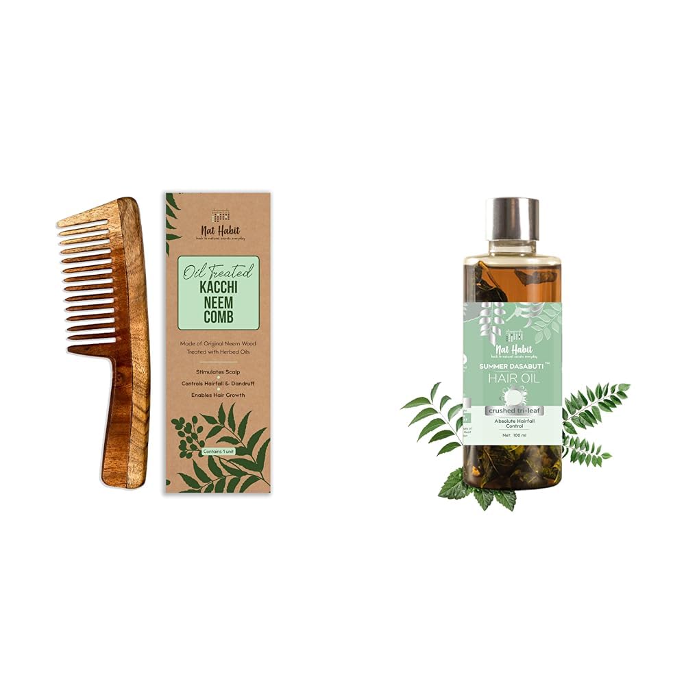 Nat Habit Wide Tooth Wooden Kacchi Neem Comb & Trileaf Dasabuti Hair Oil For Dry And Frizzy Hair, With Castor, Coconut & Amla (Combo Pack Of 2)